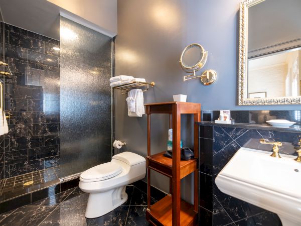 The image shows a bathroom with a shower, toilet, sink, wooden shelf, and mirror, all featuring elegant black and gold accents.
