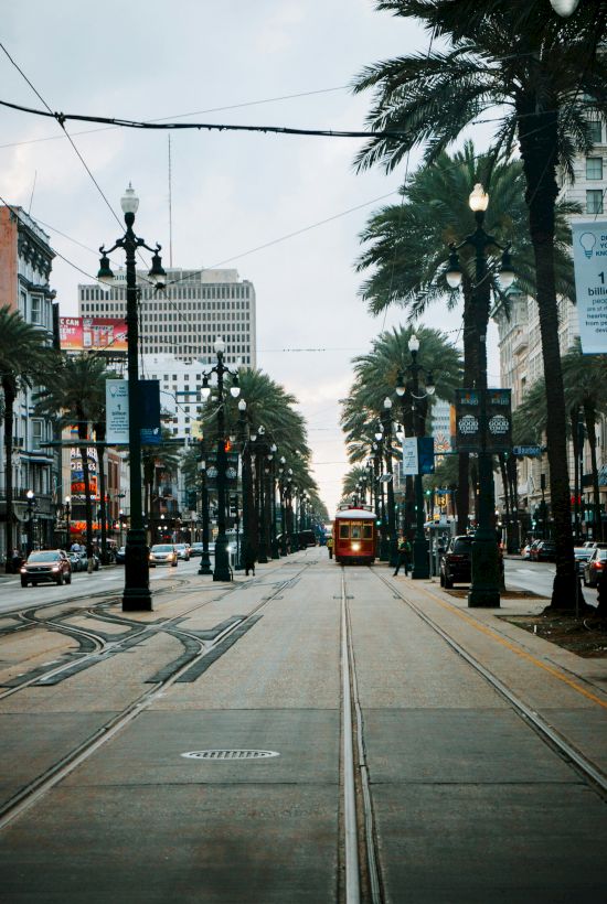 A street with tram tracks, flanked by palm trees and buildings, featuring a red tram in the distance under a cloudy sky.