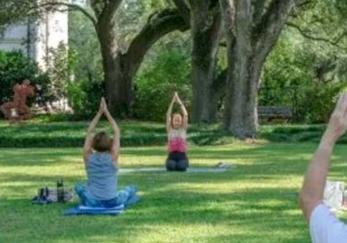 People doing yoga outdoors on mats in a grassy park, raising their arms in a tree pose under trees.