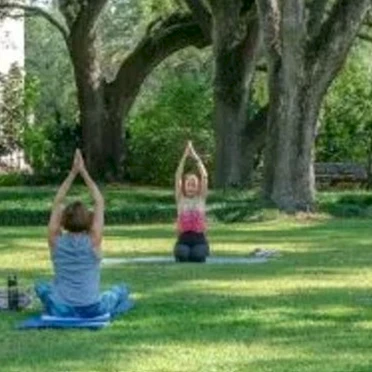 People doing yoga outdoors on mats in a grassy park, raising their arms in a tree pose under trees.