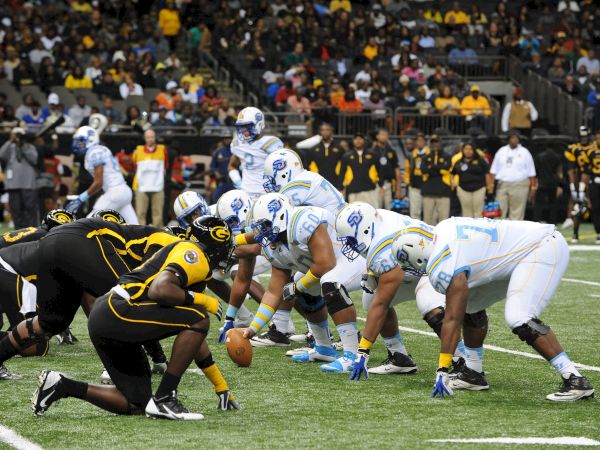 NFL players clash in a pileup as the quarterback falls behind a line, during a game with fans in the stands.